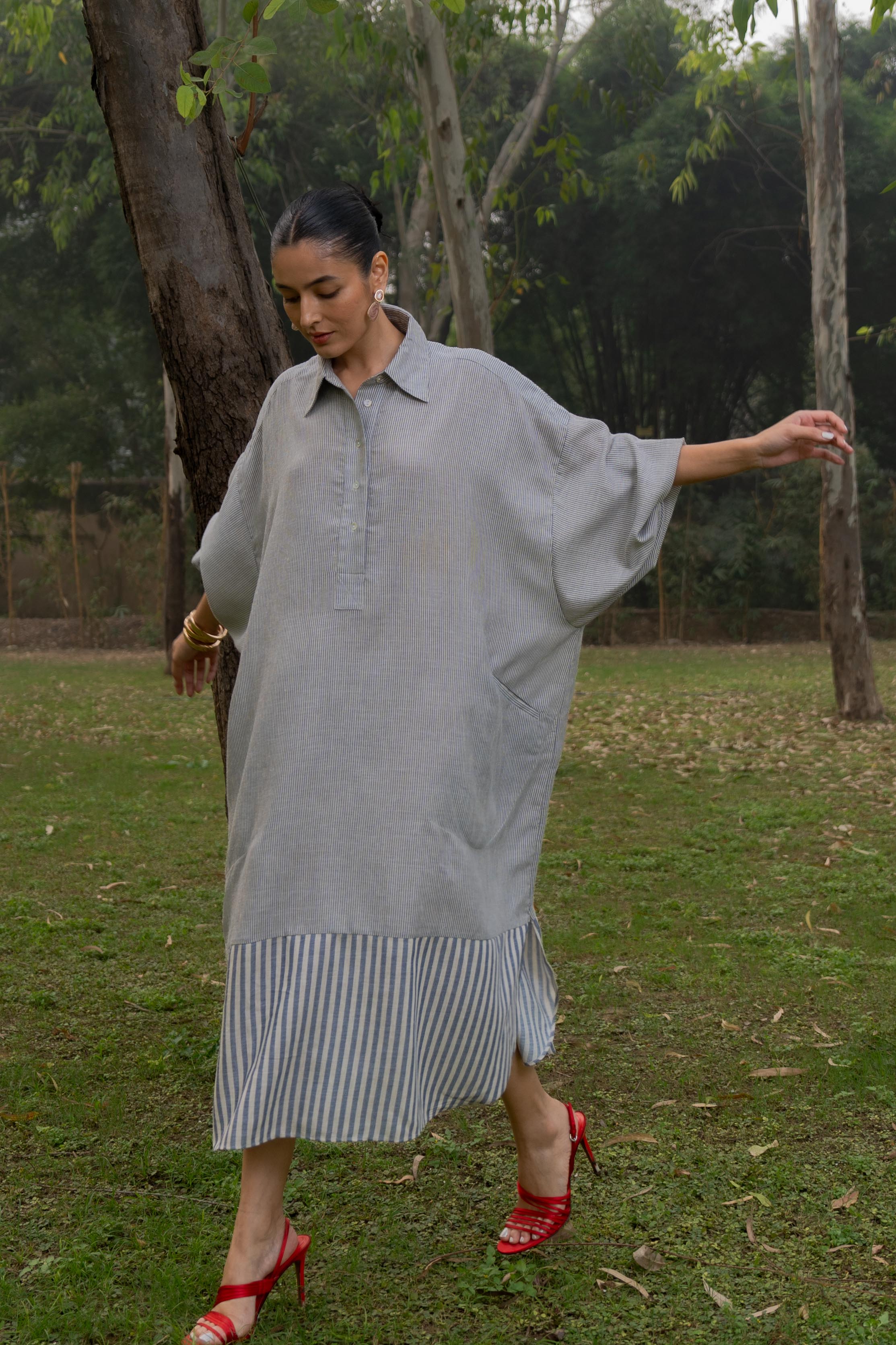 Flow Dress Organic Linen Navy Stripes