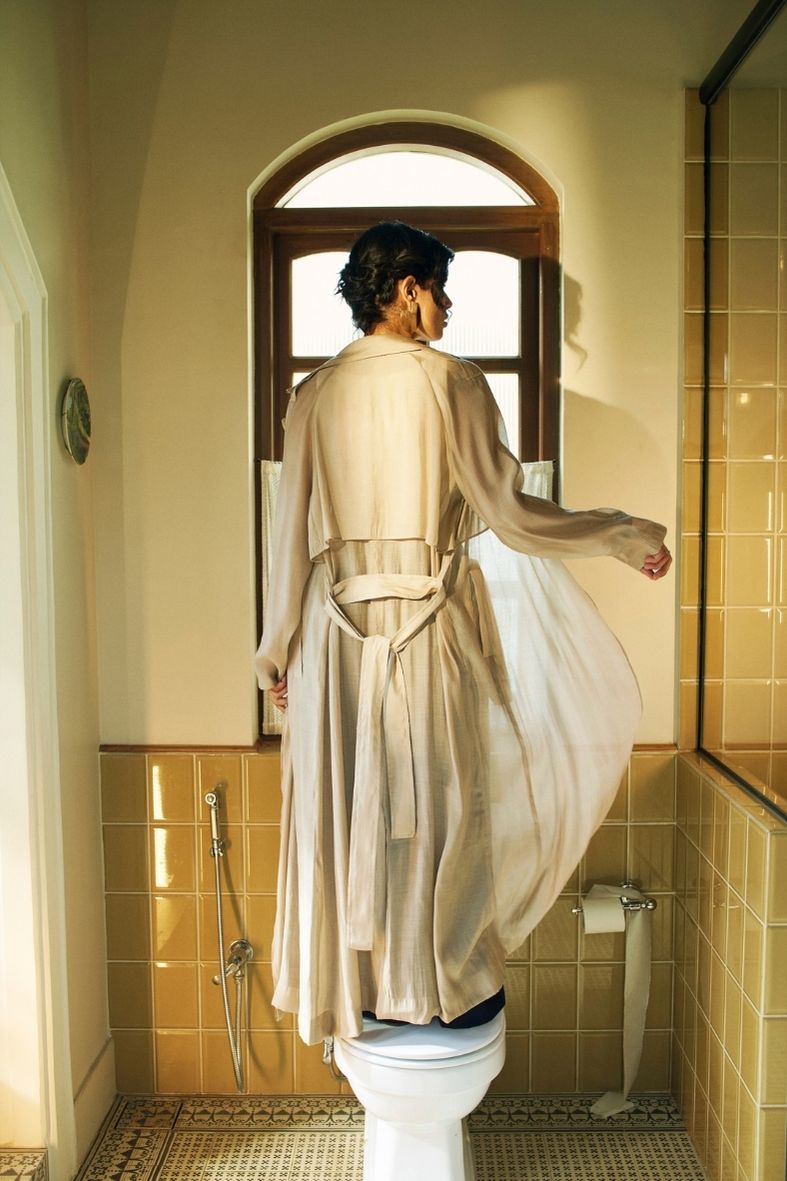 Sia Mul-Chanderi Trench in Tan