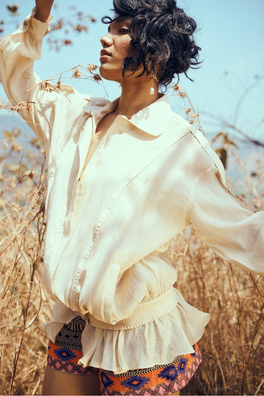 Railey Mul-Chanderi Summer Bomber In Light Melon