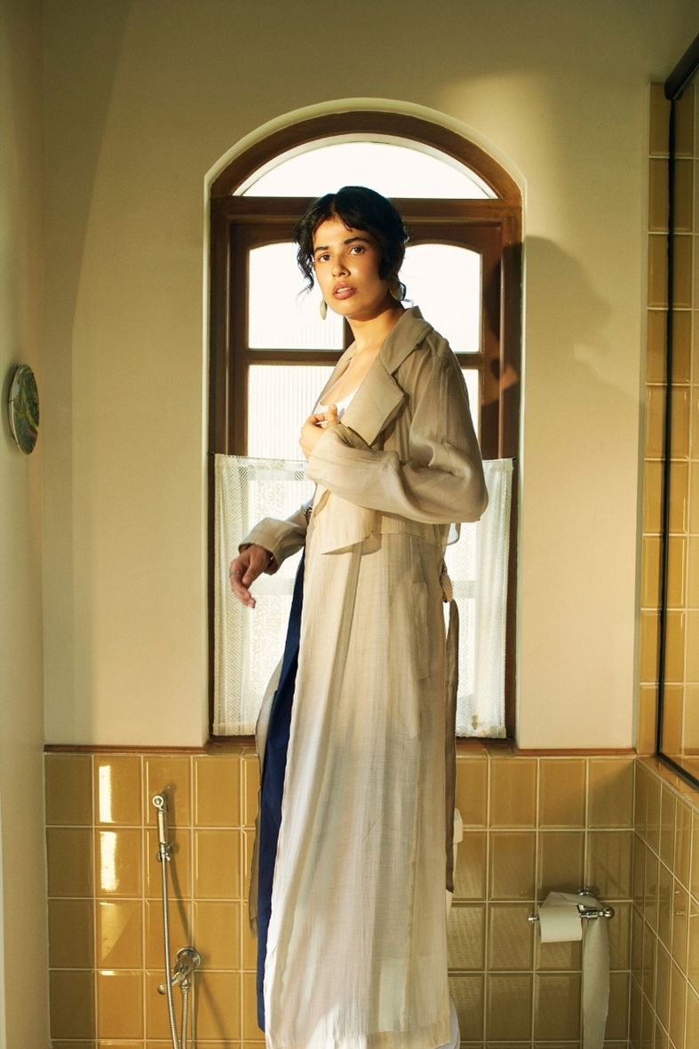 Sia Mul-Chanderi Trench in Tan