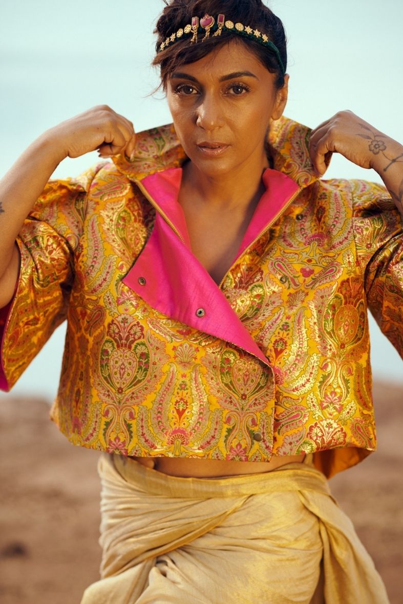 Samah Handloom Silk Bolero in Yellow