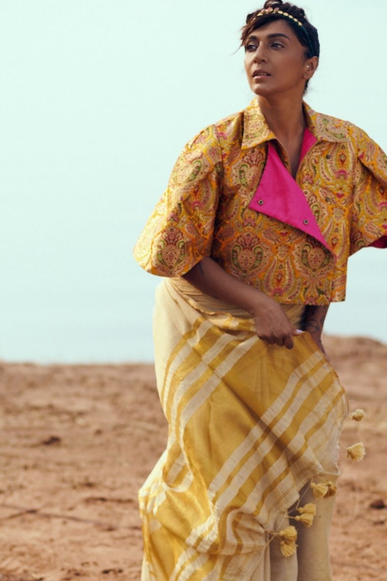 Samah Handloom Silk Bolero in Yellow