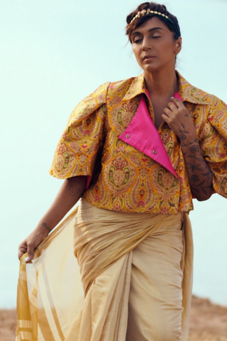 Samah Handloom Silk Bolero in Yellow