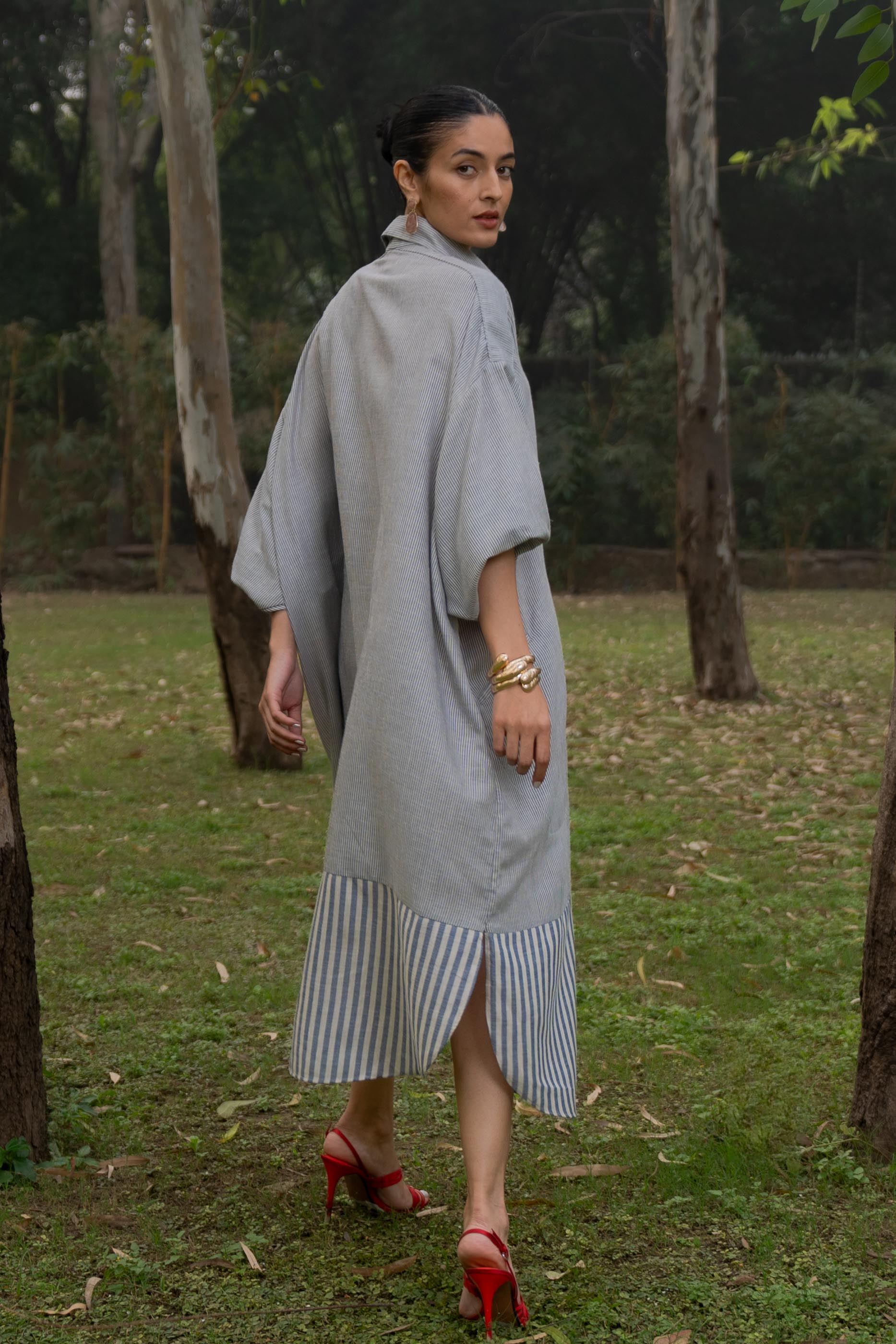 Flow Dress Organic Linen Navy Stripes