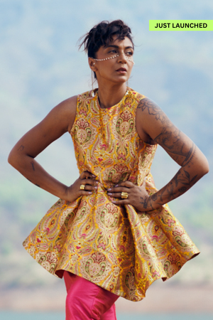 Swara Handloom Brocade Set in Kesar Yellow