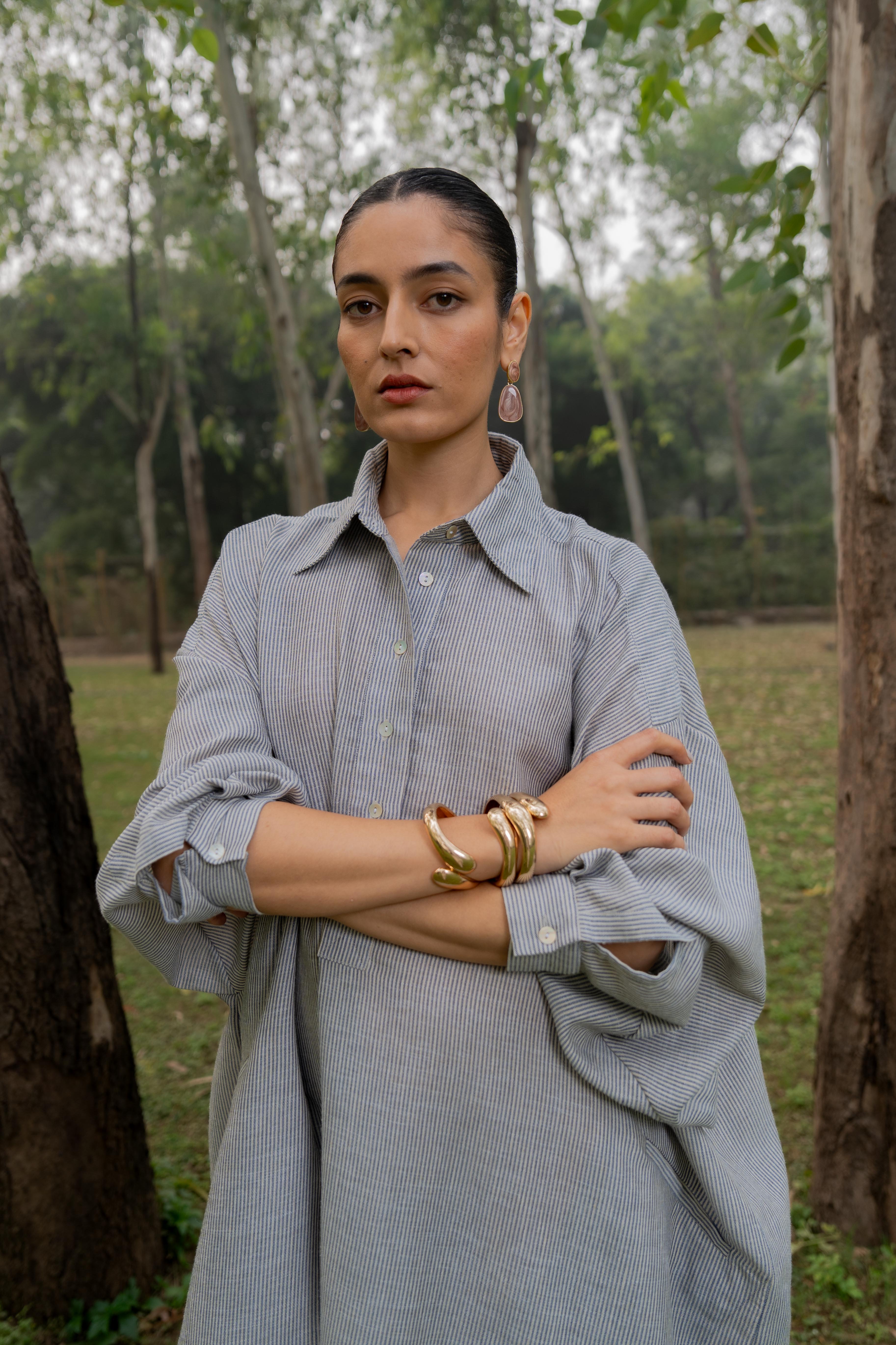 Flow Dress Organic Linen Navy Stripes