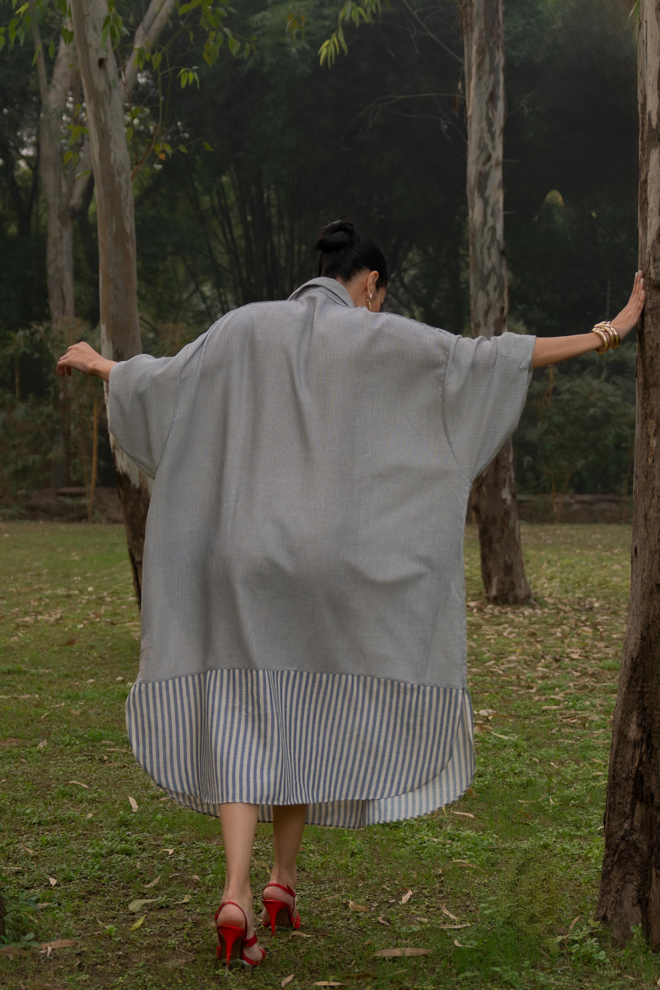 Flow Dress Organic Linen Navy Stripes