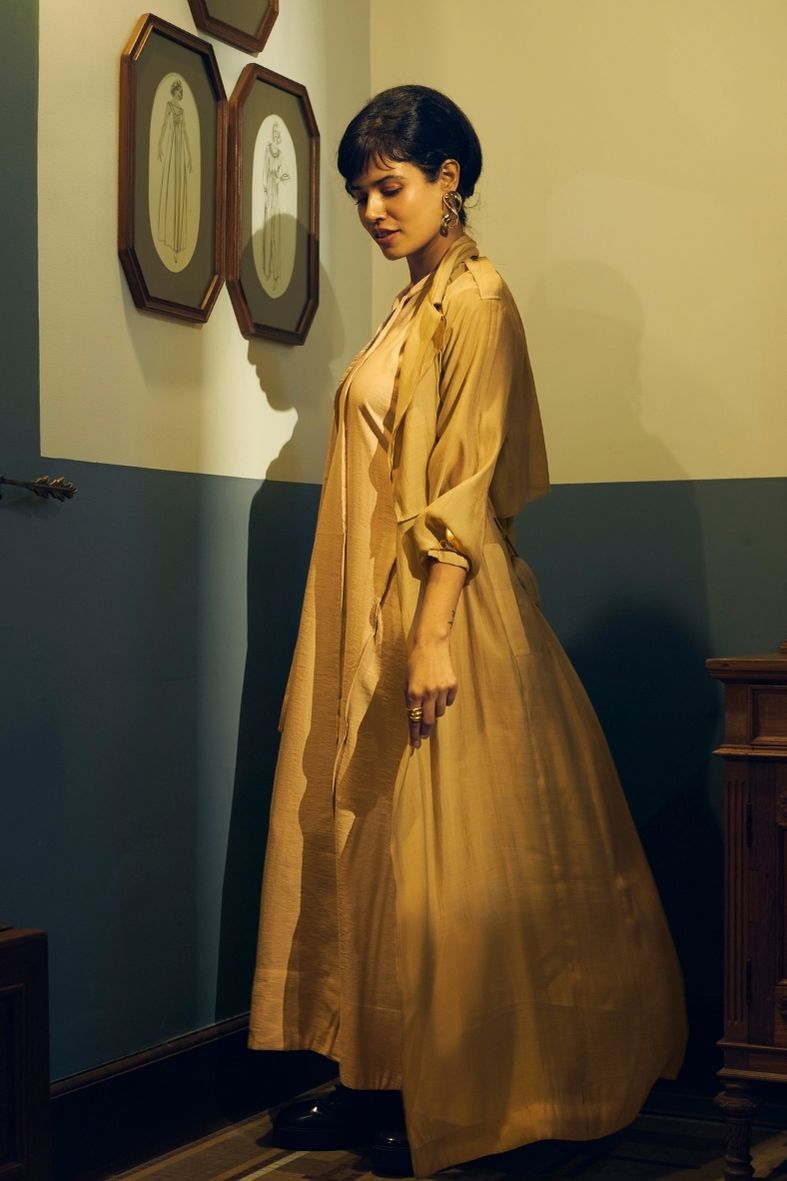 Sia Mul-Chanderi Trench in Tan