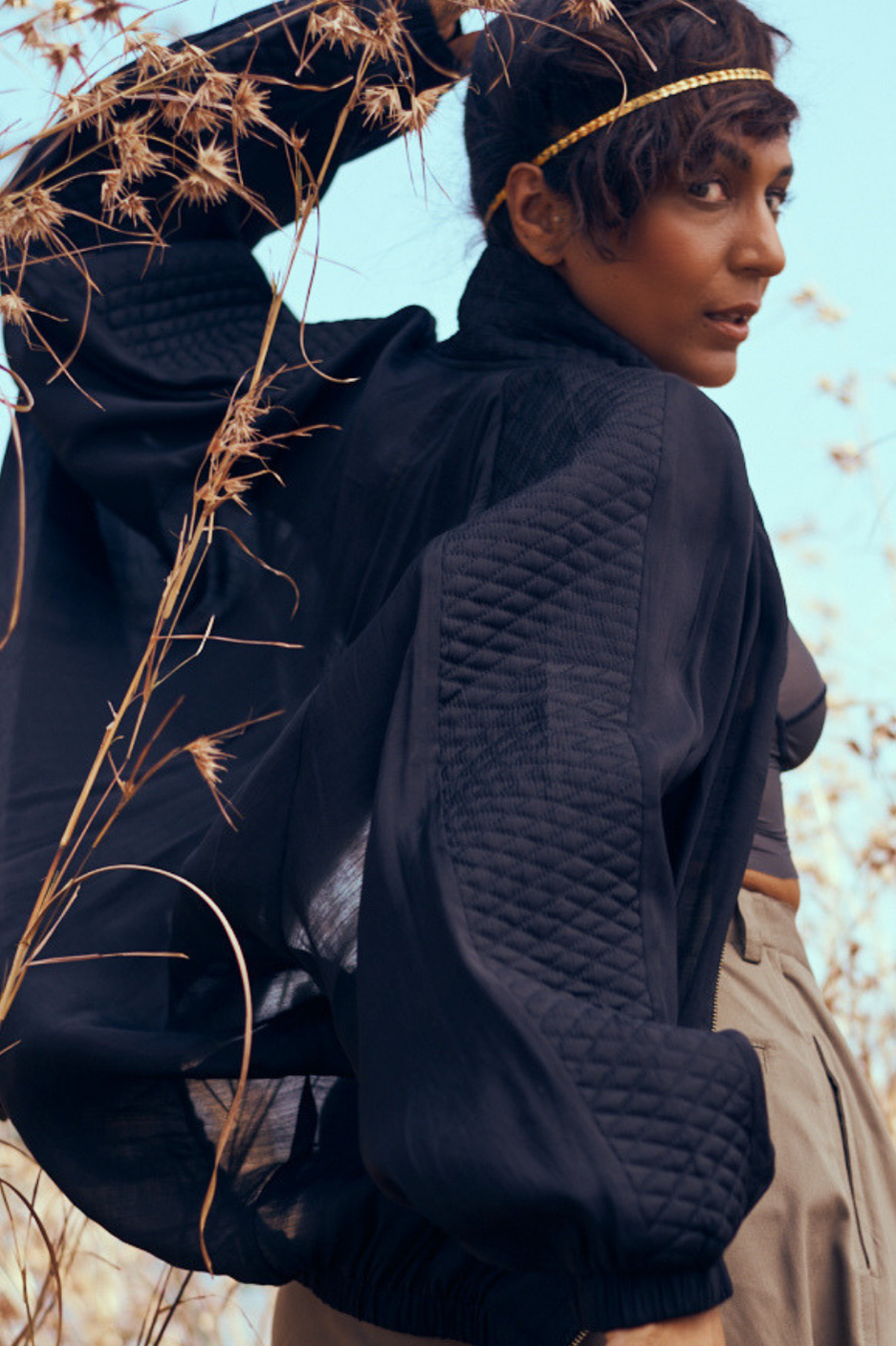 Nira Mul-Chanderi Summer Bomber In Black