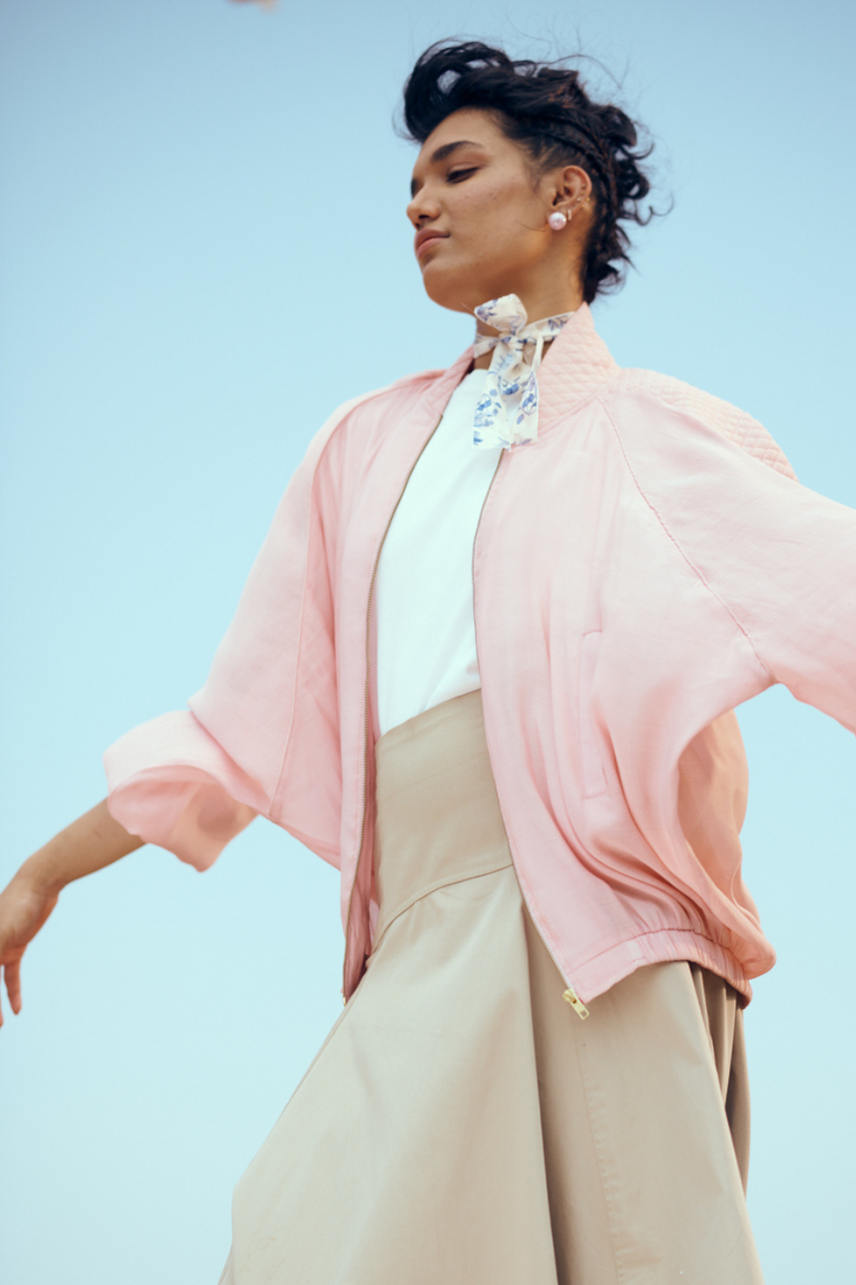 Nira Mul-Chanderi Summer Bomber In Blush Pink