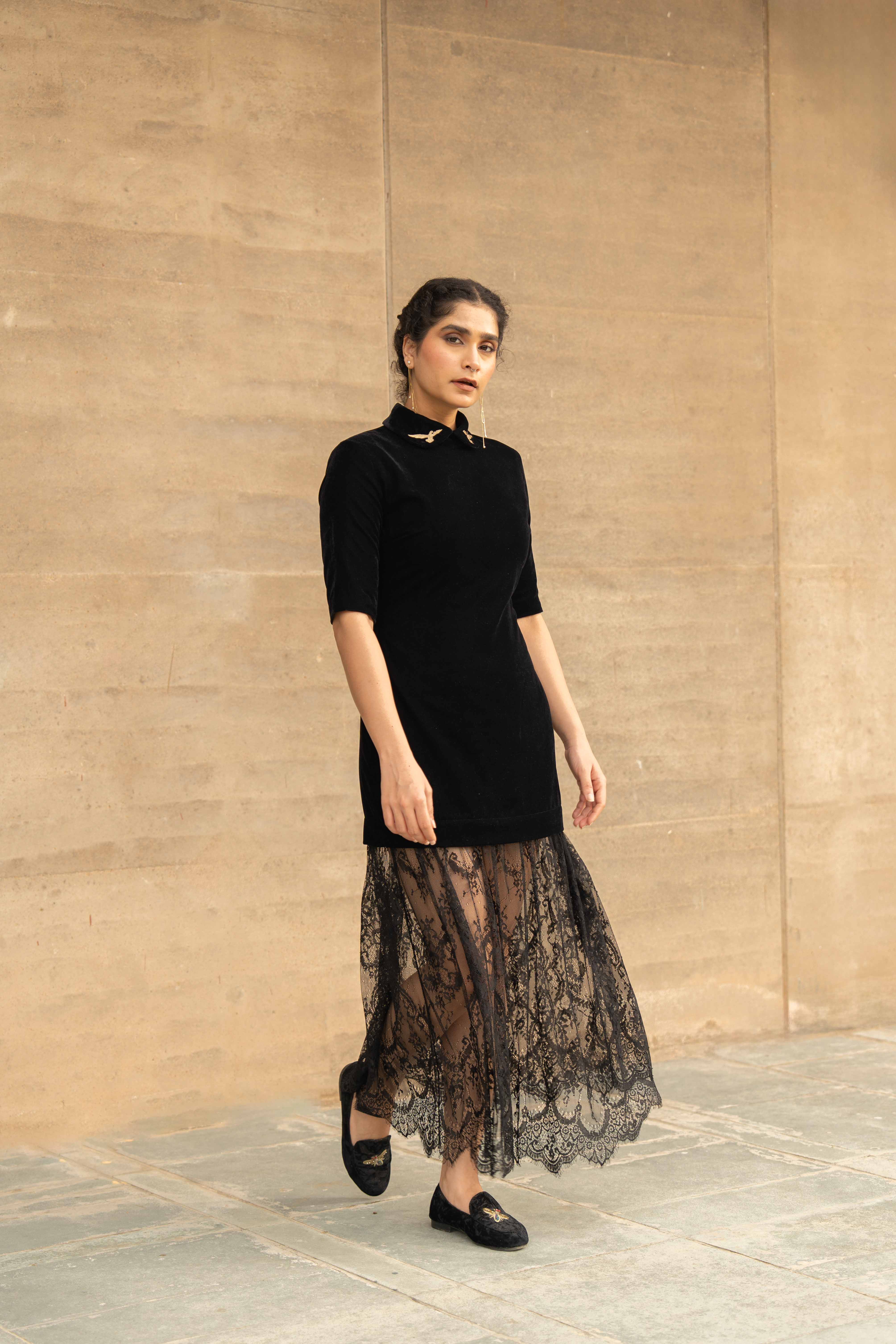 Jalpatti Lace and Velvet Dress Black