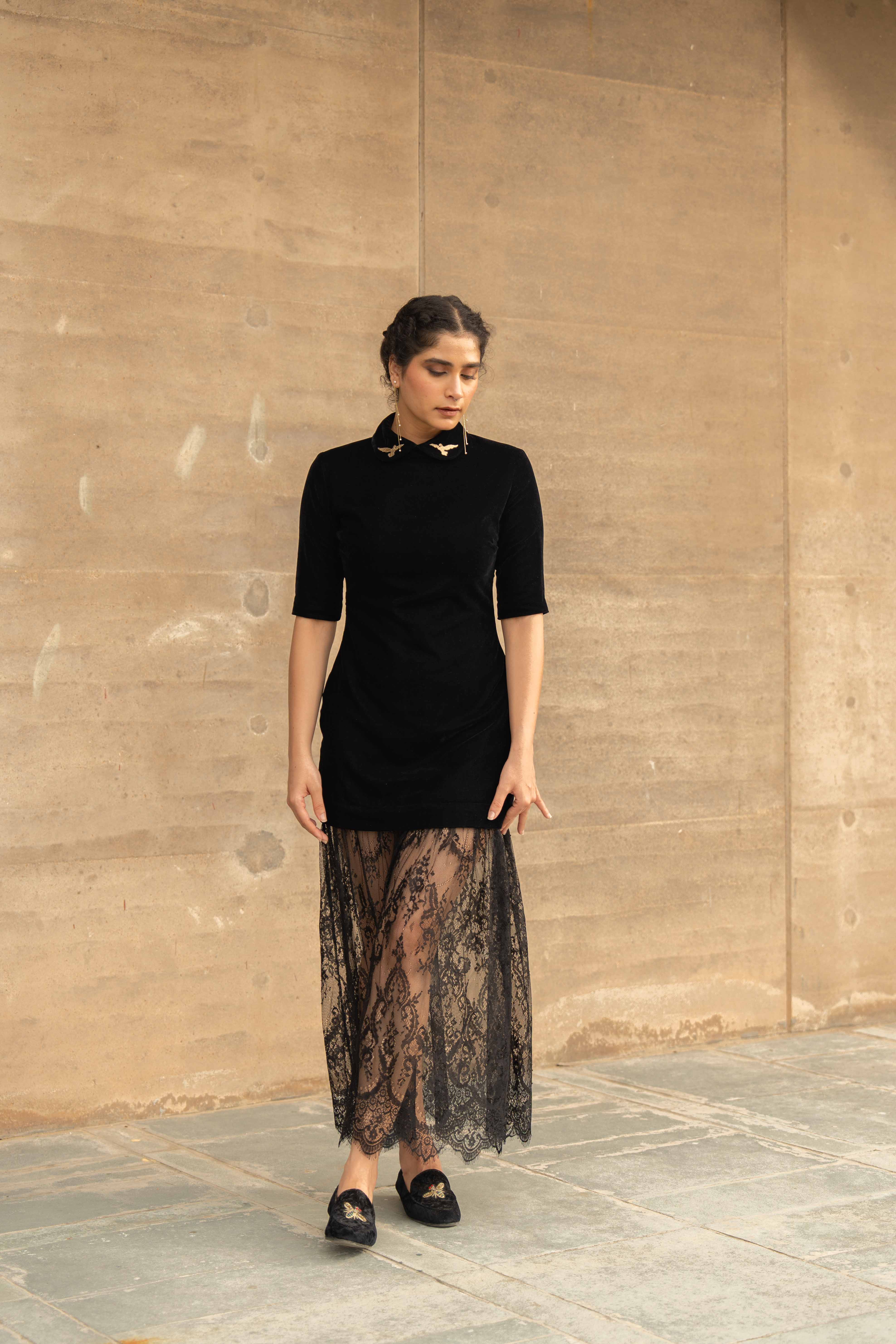 Jalpatti Lace and Velvet Dress Black