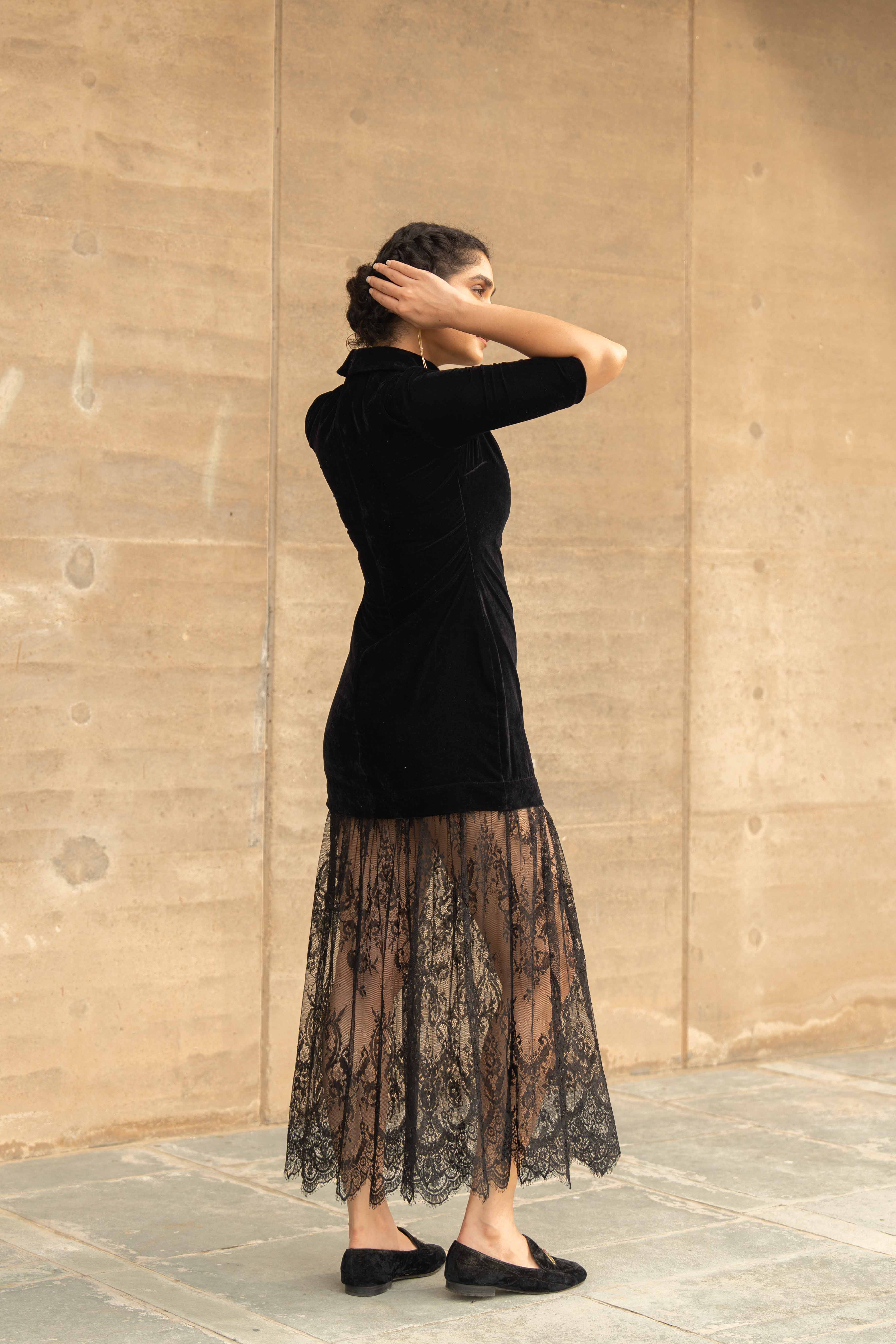 Jalpatti Lace and Velvet Dress Black