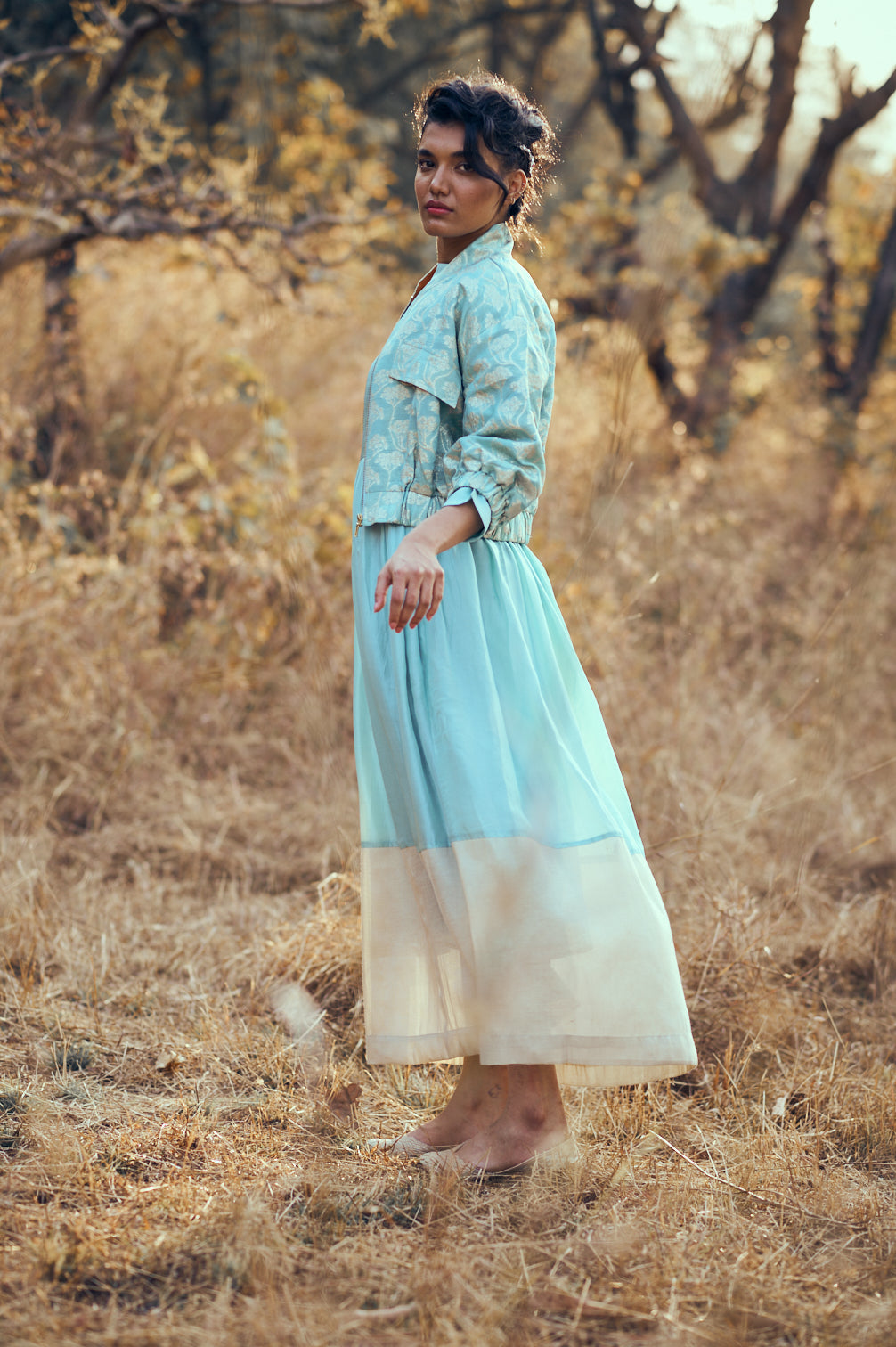 Leher Set with Brocade Bomber in Blue Sky