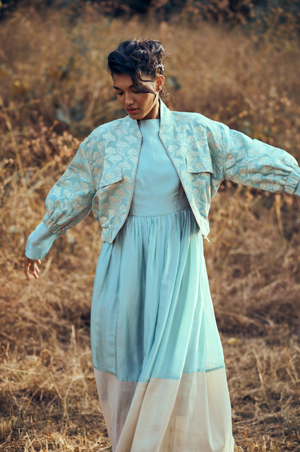 Leher Set with Brocade Bomber in Blue Sky