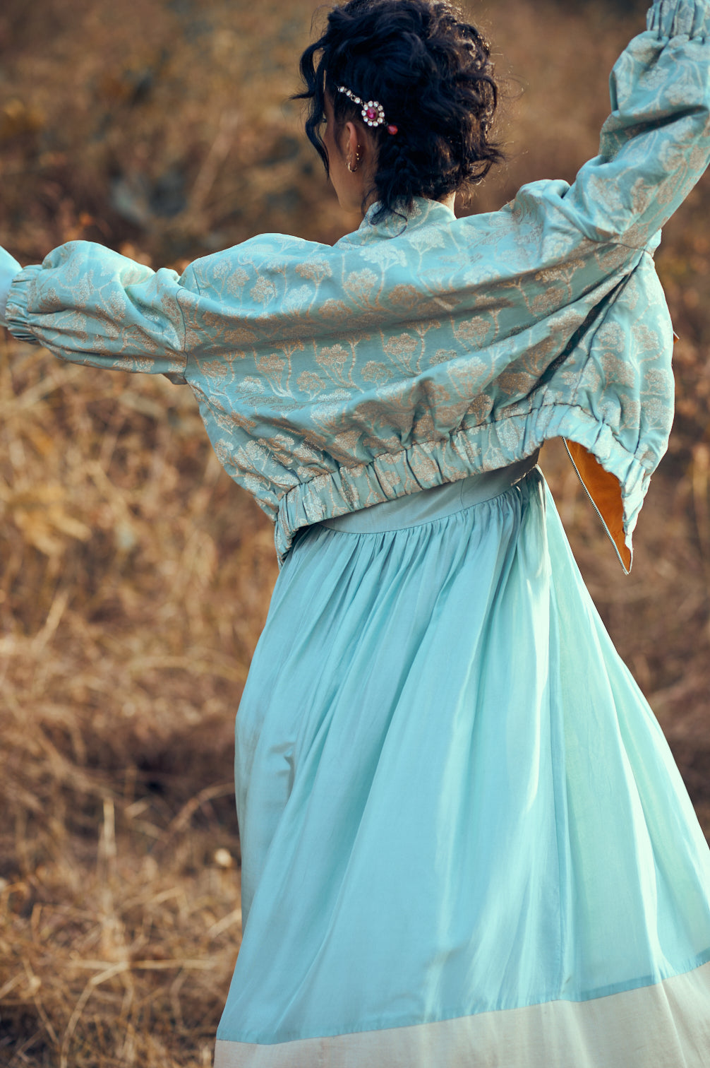 Leher Set with Brocade Bomber in Blue Sky