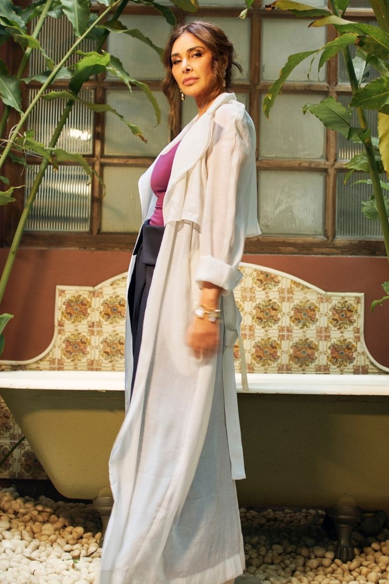 Sia Mul-Chanderi Trench in White