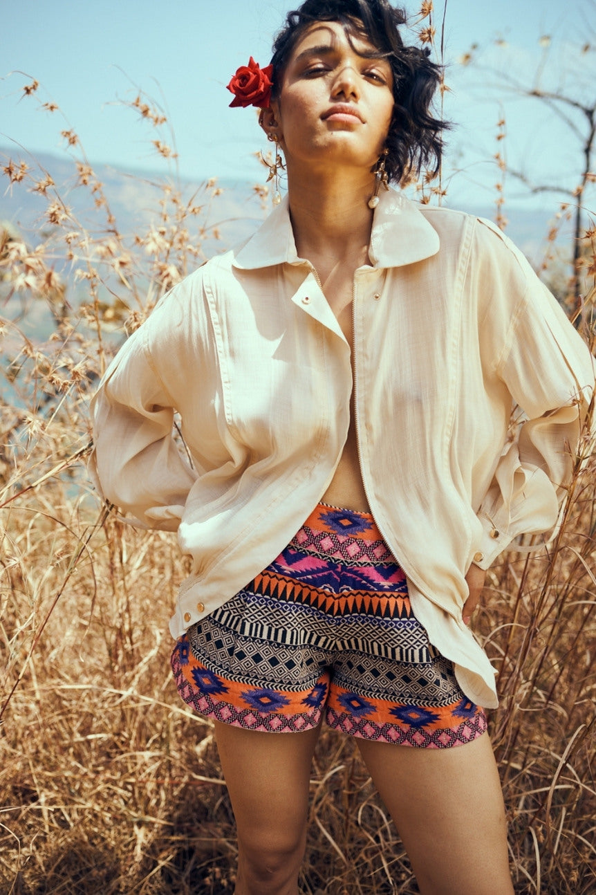 Railey Mul-Chanderi Summer Bomber In Light Melon