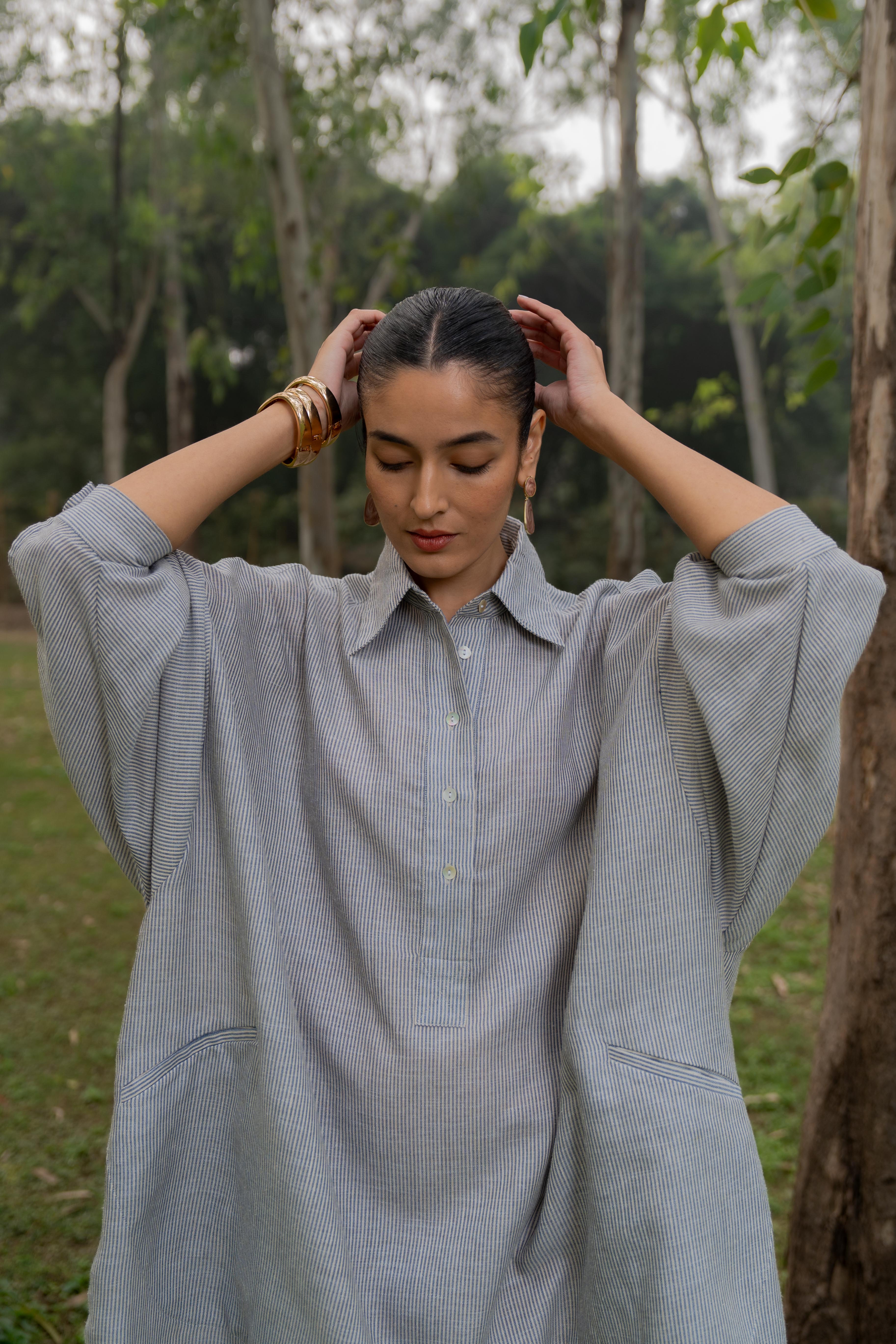 Flow Dress Organic Linen Navy Stripes