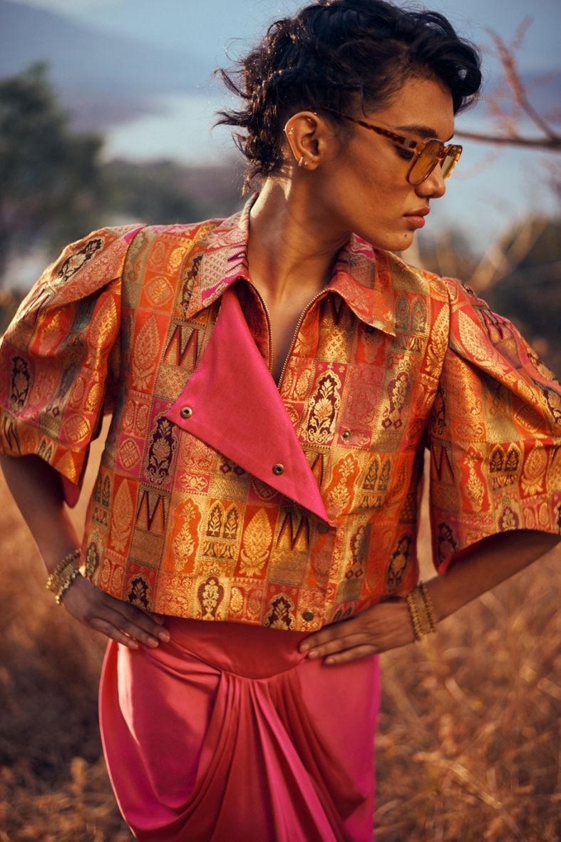 Samah Handloom Silk Bolero in Pink