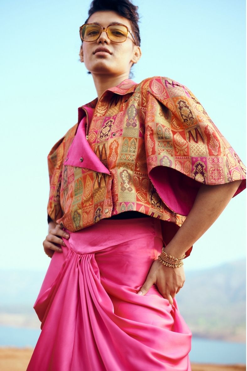 Samah Handloom Silk Bolero in Pink