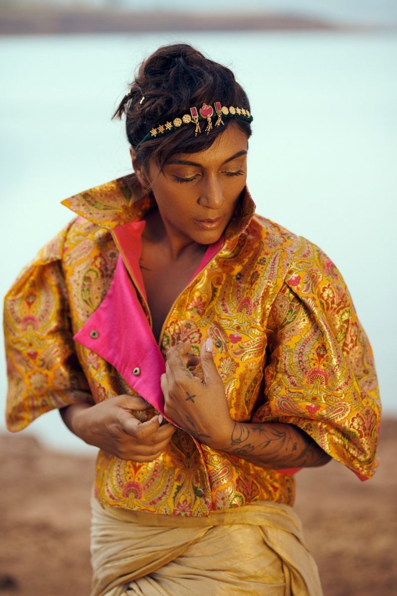 Samah Handloom Silk Bolero in Yellow