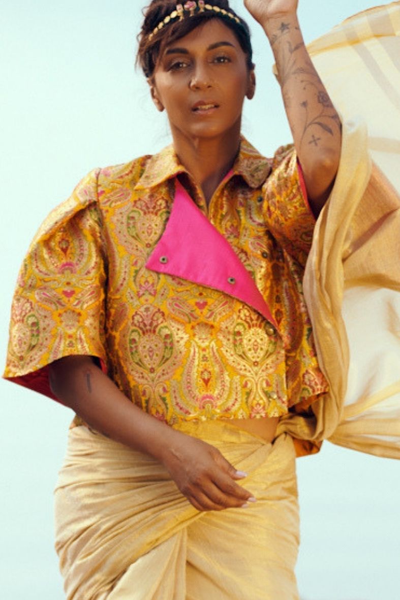 Samah Handloom Silk Bolero in Yellow