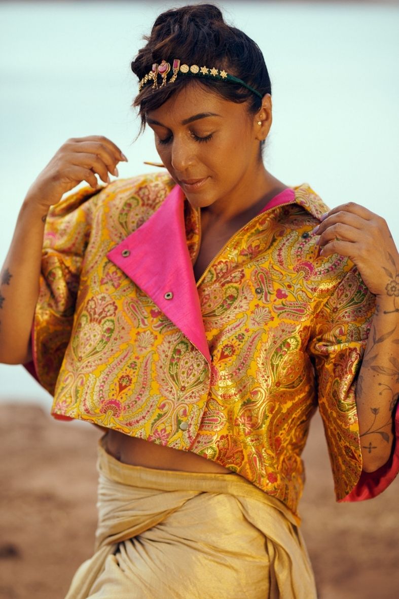 Samah Handloom Silk Bolero in Yellow