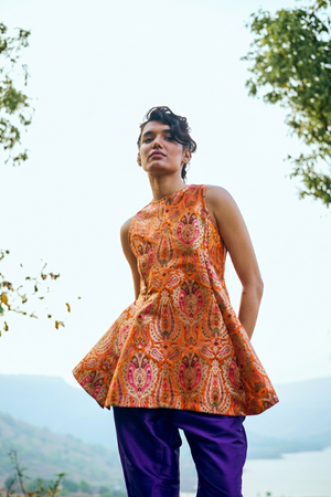 Swara Handloom Brocade Set in Marigold Orange