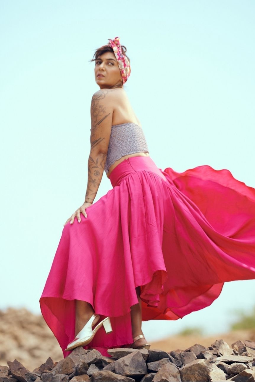 Swing Cotton Silk Skirt In Fuchsia Pink