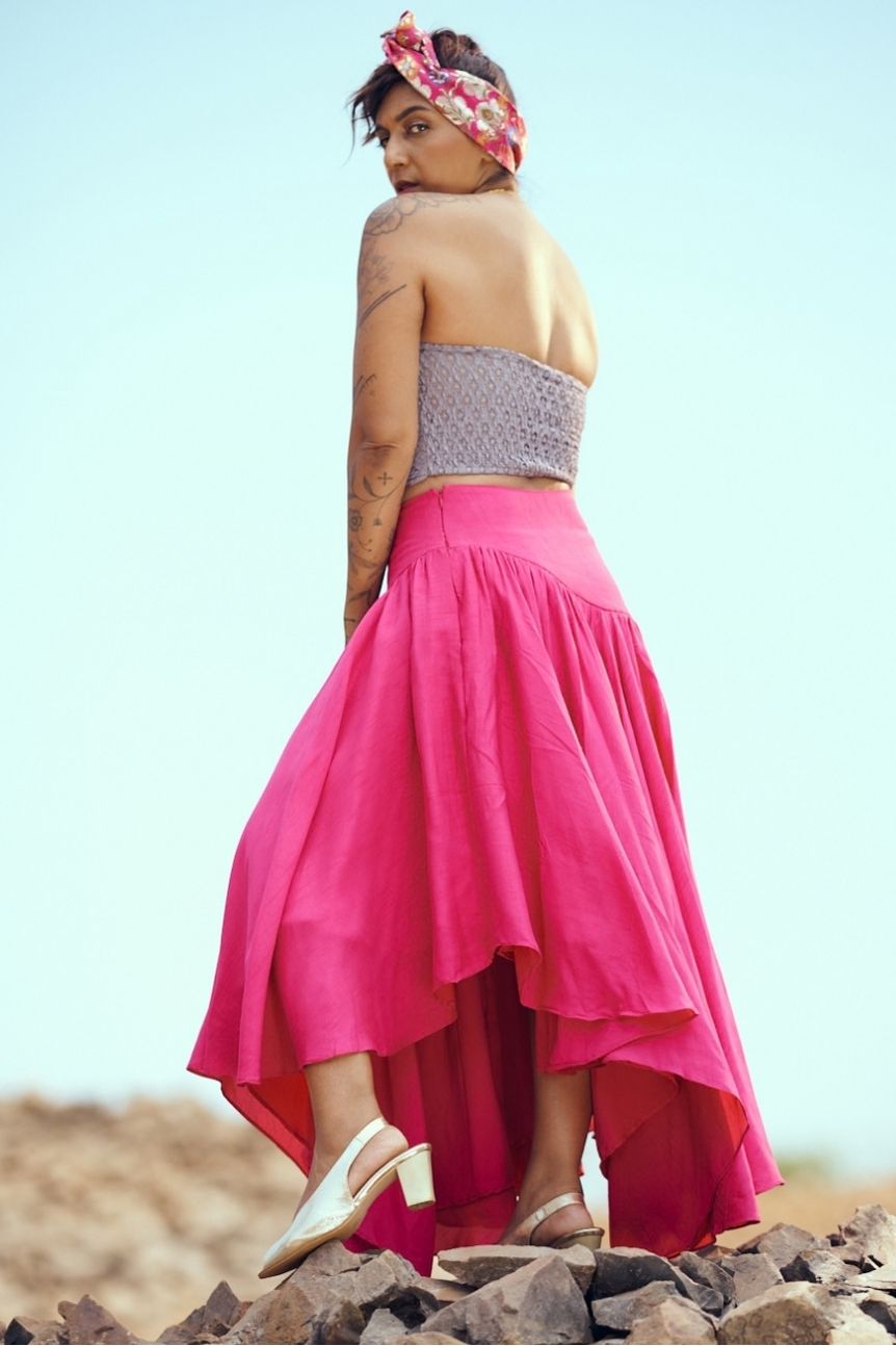 Swing Cotton Silk Skirt In Fuchsia Pink