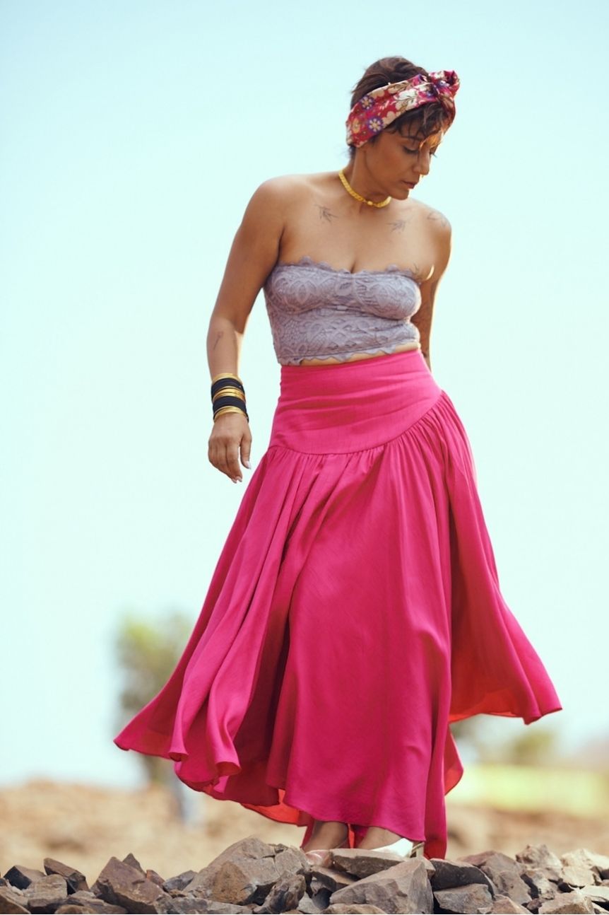 Swing Cotton Silk Skirt In Fuchsia Pink