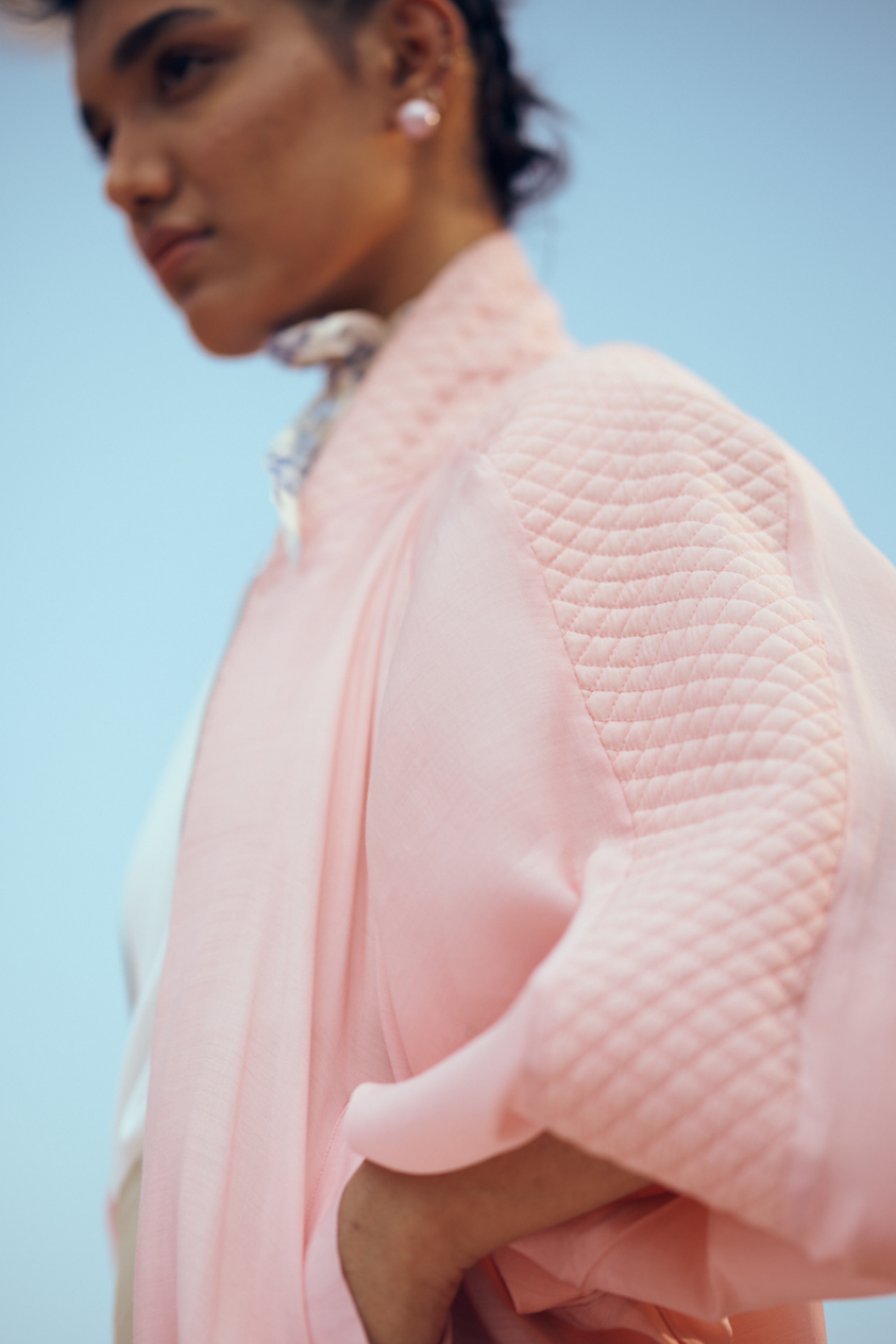 Nira Mul-Chanderi Summer Bomber In Blush Pink