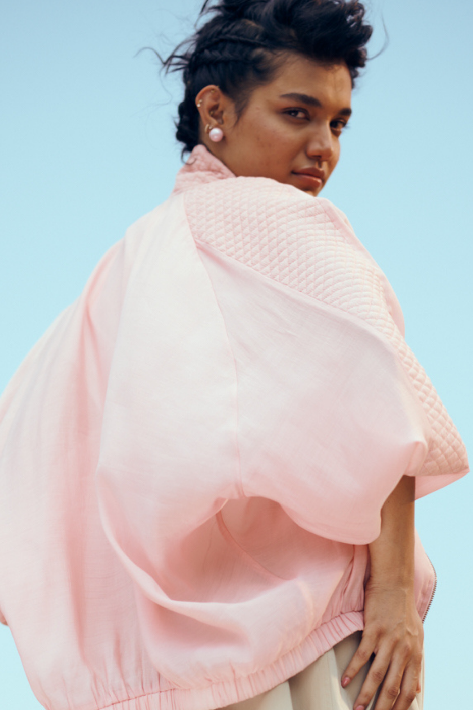 Nira Mul-Chanderi Summer Bomber In Blush Pink