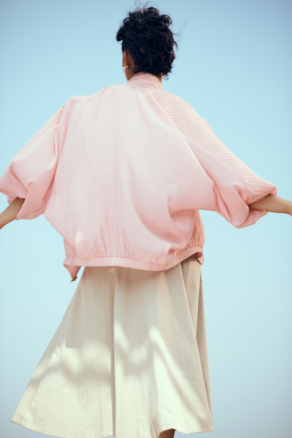 Nira Mul-Chanderi Summer Bomber In Blush Pink