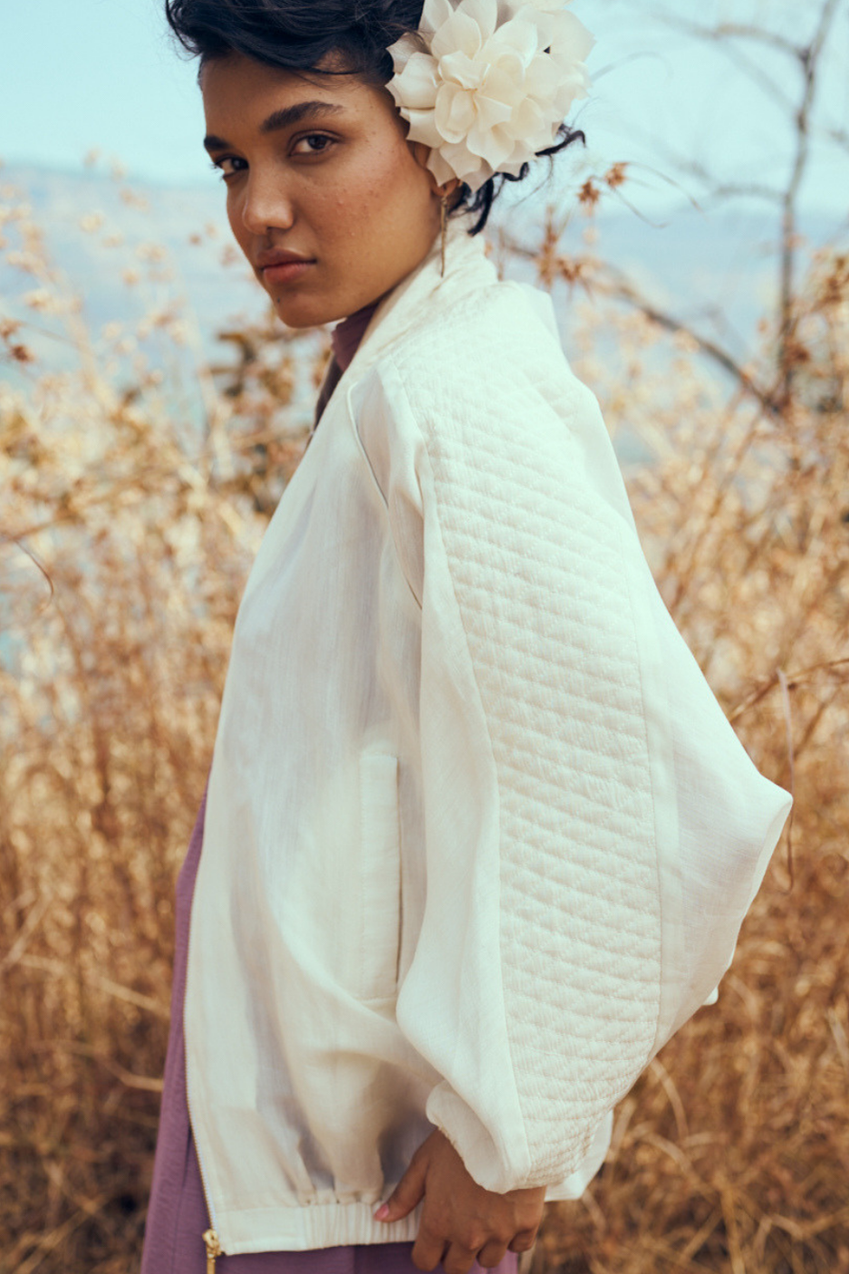 Nira Mul-Chanderi Summer Bomber In Off White