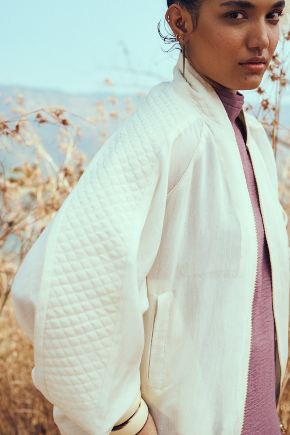 Nira Mul-Chanderi Summer Bomber In Off White