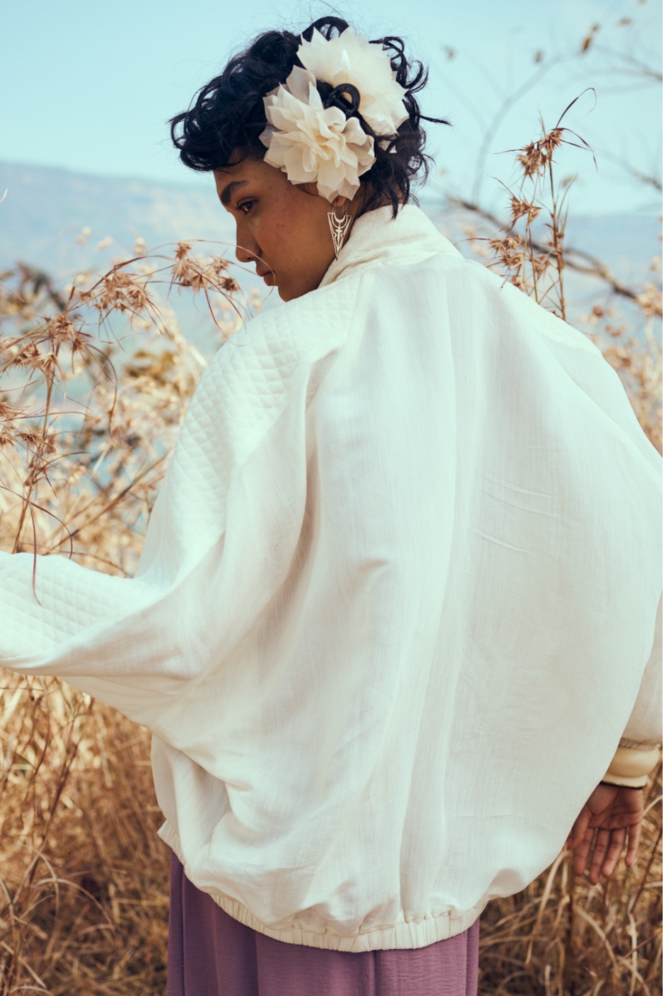 Nira Mul-Chanderi Summer Bomber In Off White