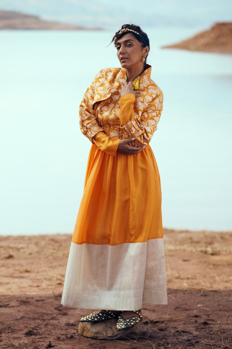 Leher Set with Brocade Bomber in Marigold Orange