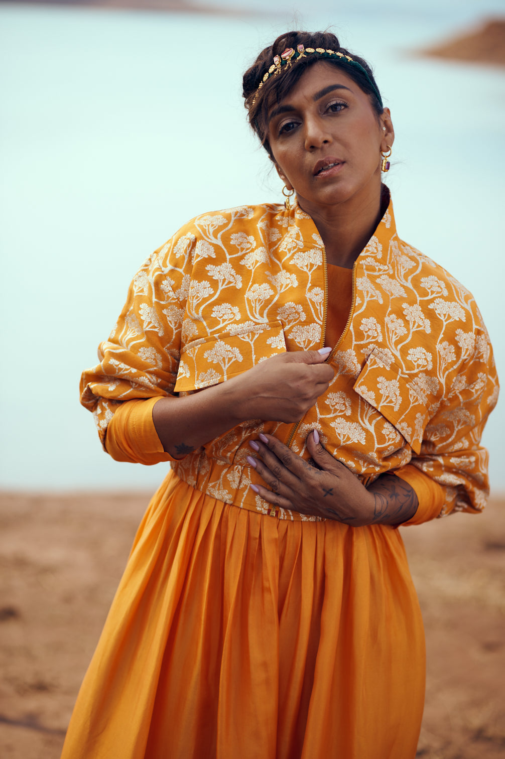Leher Set with Brocade Bomber in Marigold Orange