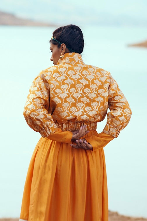 Leher Set with Brocade Bomber in Marigold Orange