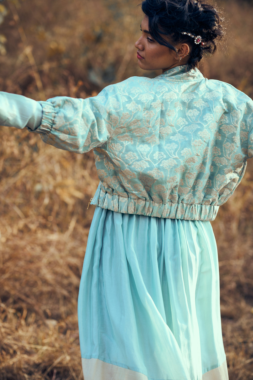 ⁠Leher Set with Brocade Bomber in Blue Sky