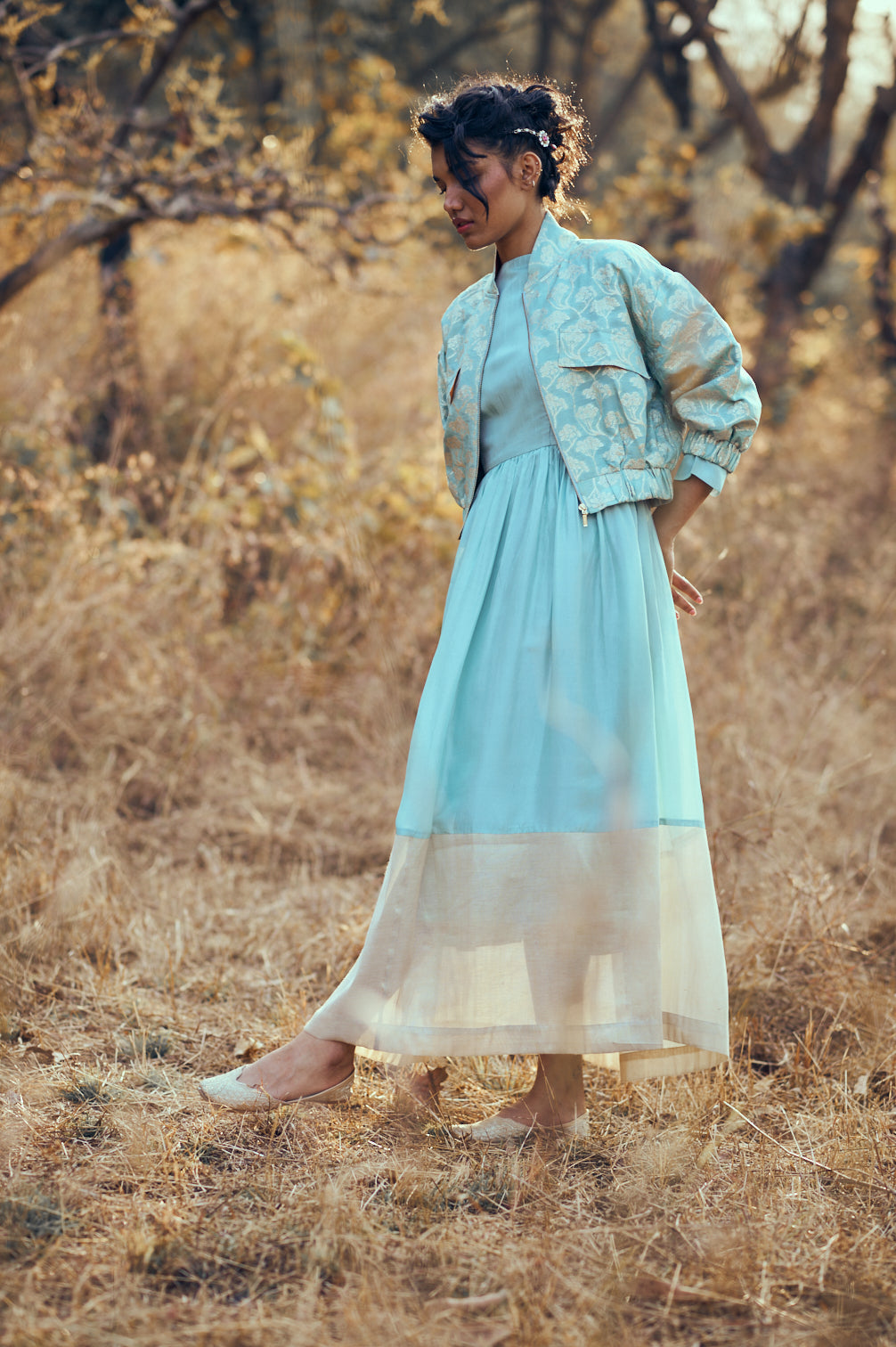 ⁠Leher Set with Brocade Bomber in Blue Sky