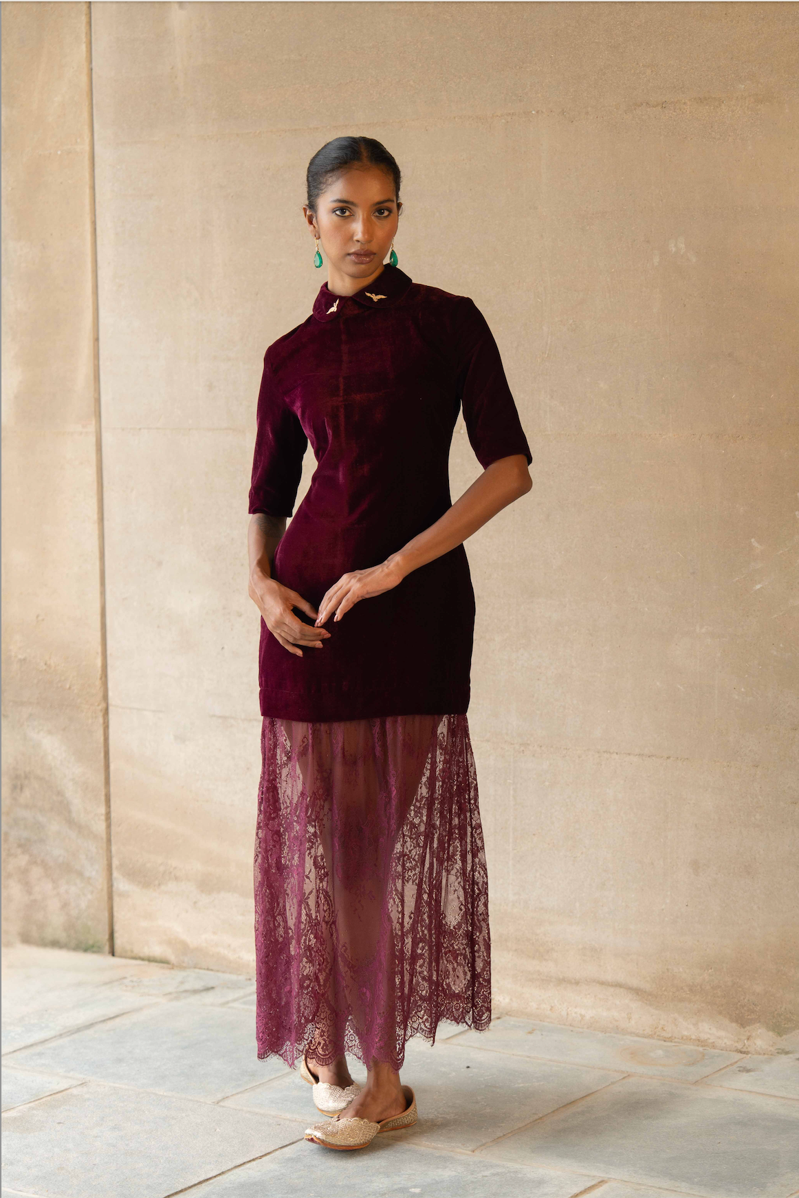 Jalpatti Lace and Velvet Dress Wine