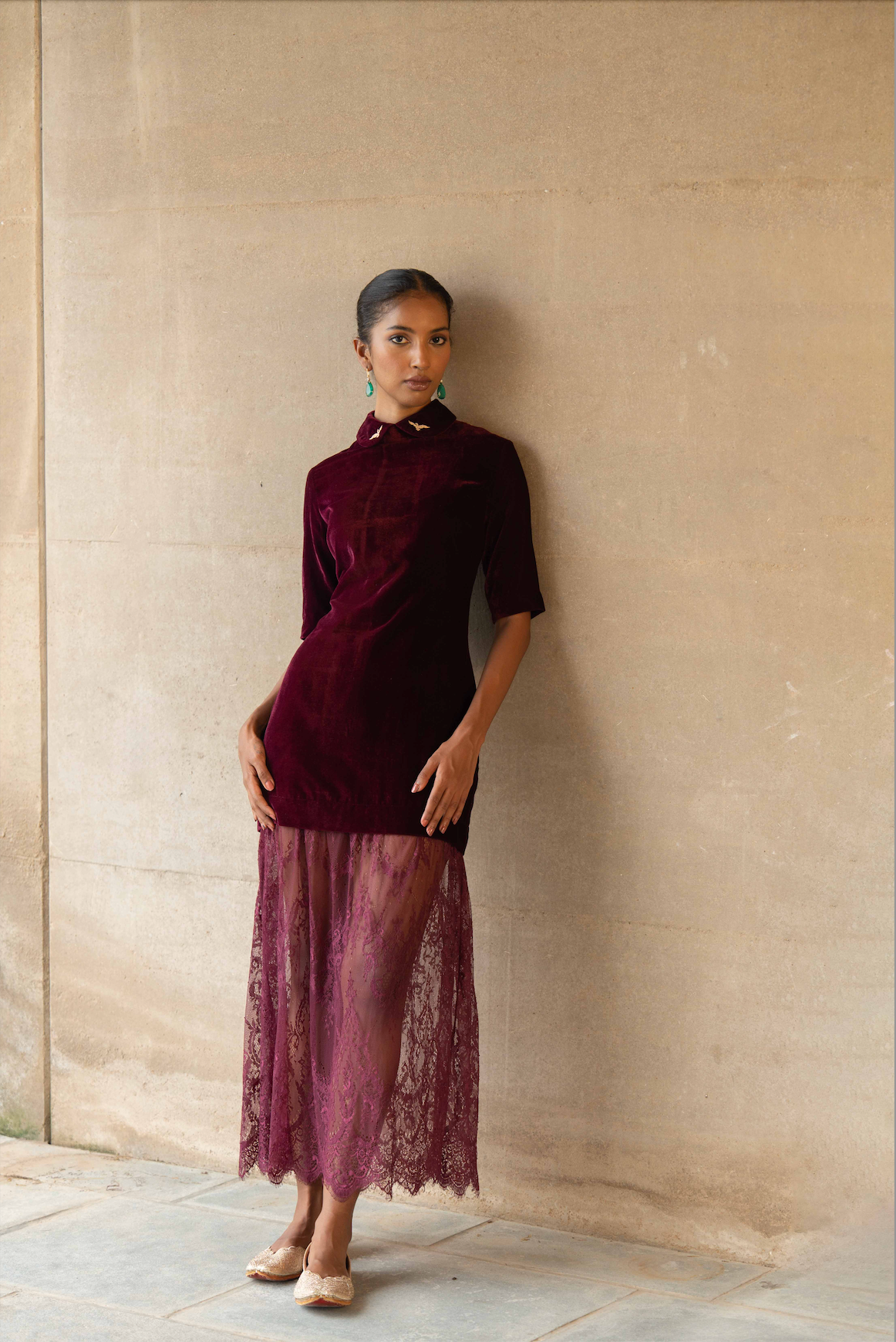 Jalpatti Lace and Velvet Dress Wine