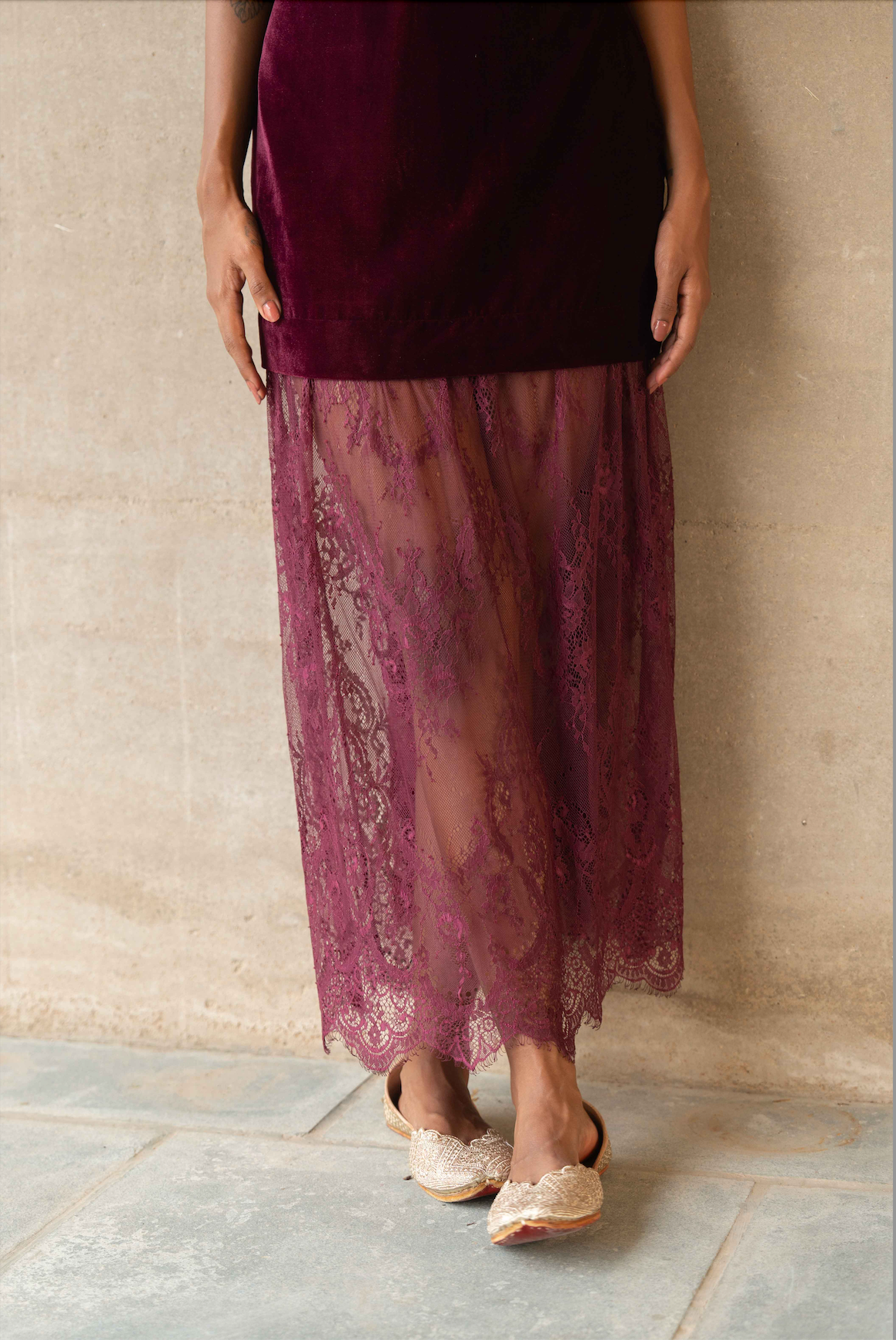 Jalpatti Lace and Velvet Dress Wine